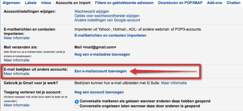Gmail accounts en import tabblad met de optie om een e-mailaccount toe te voegen
